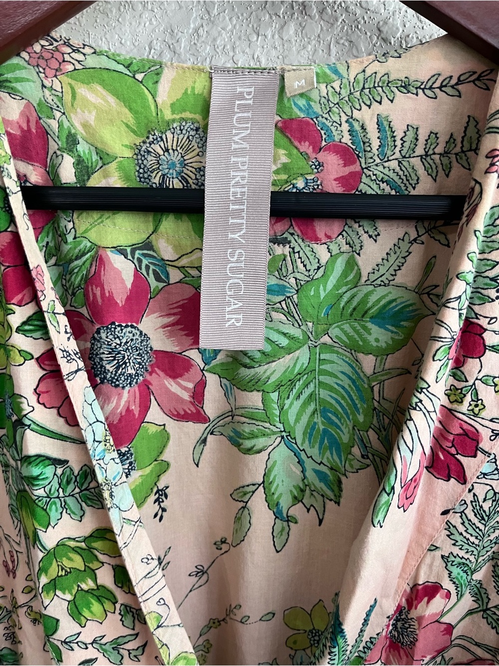 😎 Plum Pretty Sugar Botanical Floral Cotton Wrap Robe Pink Green Size Medium - Picture 8 of 13